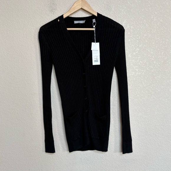 NWT Vince Black 100% Cashmere Ribbed Button Front Pocket Cardigan Sweater M - Picture 3 of 13
